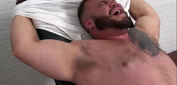  Tattooed stud got his tiny cock tickled while restrained